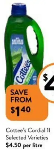 Foodworks Cottee's Cordial 1l offer