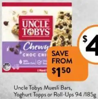 Foodworks Uncle Tobys Muesli Bars, Yoghurt Topps or Roll-Ups 94 /185g offer
