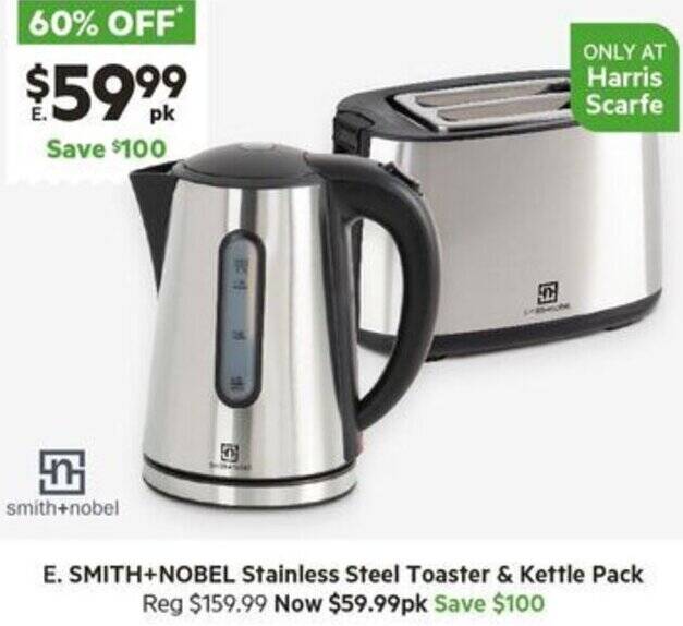SMITH+NOBEL Stainless Steel Toaster & Kettle Pack offer at Harris Scarfe