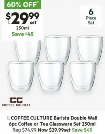 Harris Scarfe COFFEE CULTURE Barista Double Wall 6pc Coffee or Tea Glassware Set 250ml offer