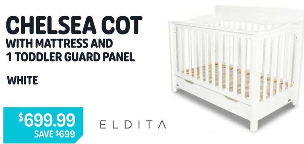 Baby Kingdom CHELSEA COT WITH MATTRESS AND 1 TODDLER GUARD PANEL offer