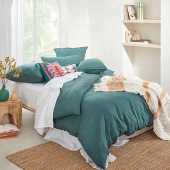 Pillow Talk Washed linen look dark green quilt cover set by essentials offer