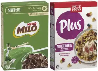 Coles Nestlé milo cereal 535g-620g or uncle toby's plus cereal 565g-705g offer
