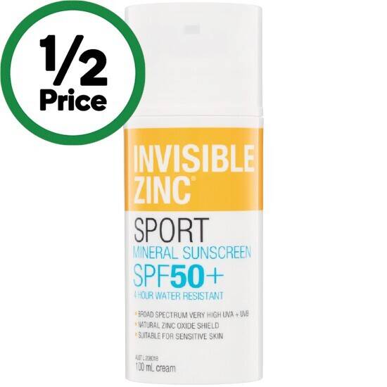 Invisible zinc sport spf50+ mineral sunscreen cream 100ml offer at