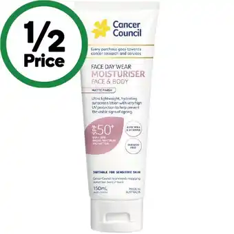Woolworths Cancer council face day wear moisturiser sunscreen for face & body spf50+ 150ml offer