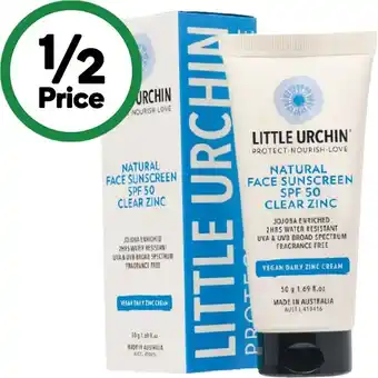 Woolworths Little urchin natural face sunscreen spf50+ clear zinc 50g offer