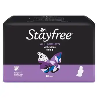 Woolworths Stayfree all nights pads with wings pk 10 offer