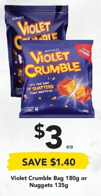 Drakes Violet Crumble Bag 180g or Nuggets 135g offer