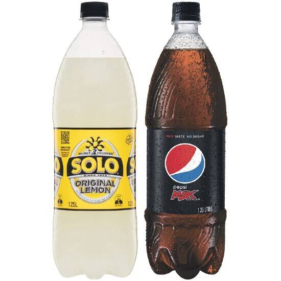 Woolworths Pepsi, solo, mountain dew or schweppes lemonade soft drink varieties 1.25 litre offer