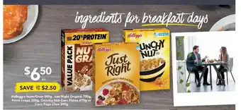 Drakes Kellogg's Nutri-Grain 805g, Just Right Original 790g, Froot Loops 500g, Crunchy Nut Corn Flakes 670g or Coco Pops Chex 500g offer
