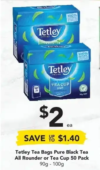 Drakes Tetley Tea Bags Pure Black Tea All Rounder or Tea Cup 50 Pack 90g - 100g offer