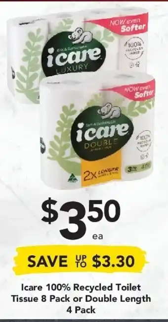 Icare 100% Recycled Toilet Tissue 8 Pack or Double Length 4 Pack