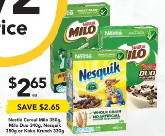 Drakes Nestle Cereal Milo 350g, Milo Duo 340g, Nesquik 350g or Kolo Krunch 330g offer