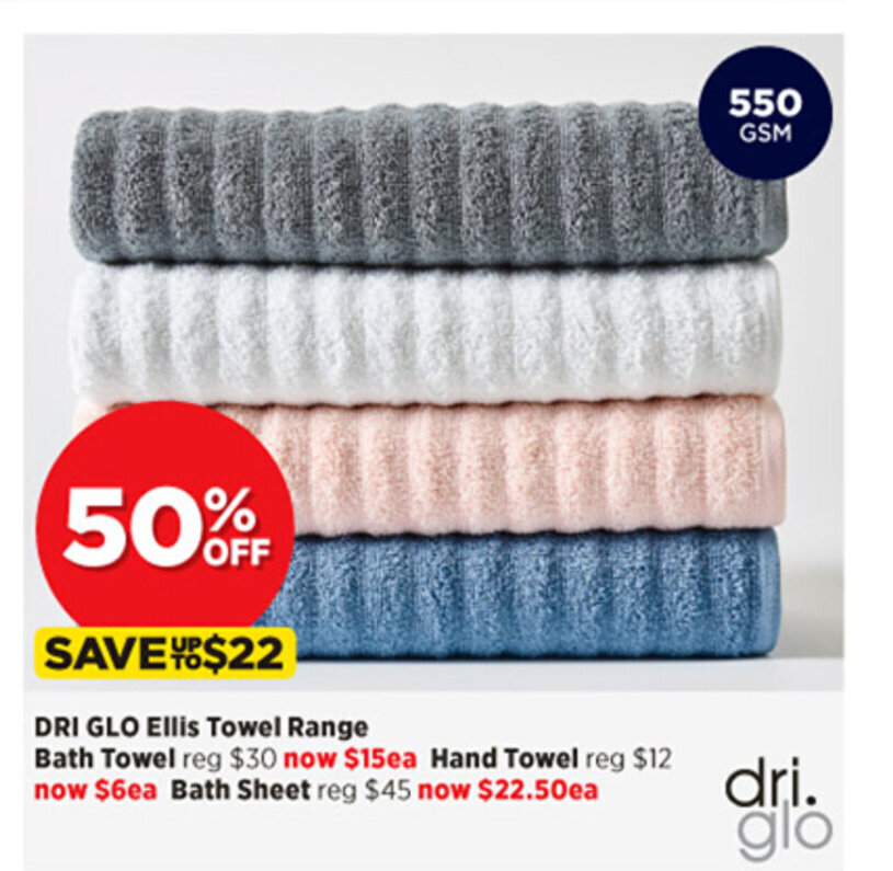 DRI GLO Ellis Towel Range Bath Towel offer at Spotlight
