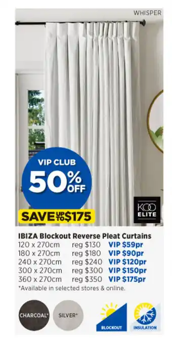 Spotlight IBIZA Blockout Reverse Pleat Curtains 120 x 270cm offer