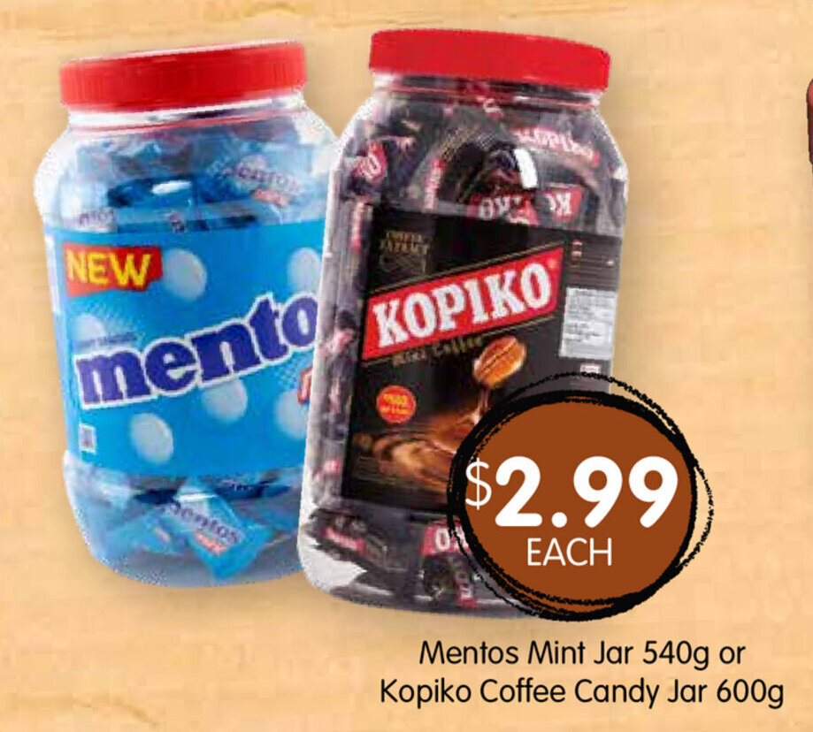 Mentos Mint Jar 540g or Kopiko Coffee Candy Jar 600g offer at Spudshed