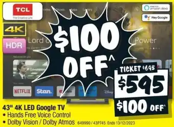 JB Hi-Fi 43" 4K LED Google TV offer