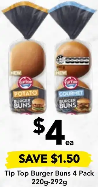 Drakes Tip Top Burger Buns 4 Pack 220g-292g offer