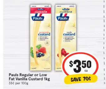 IGA Pauls Regular or Law Fat Vanilla Custard 1kg offer