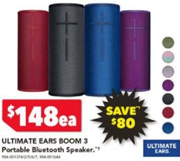 ULTIMATE EARS BOOM 3 Portable Bluetooth Speaker offer at Harvey Norman