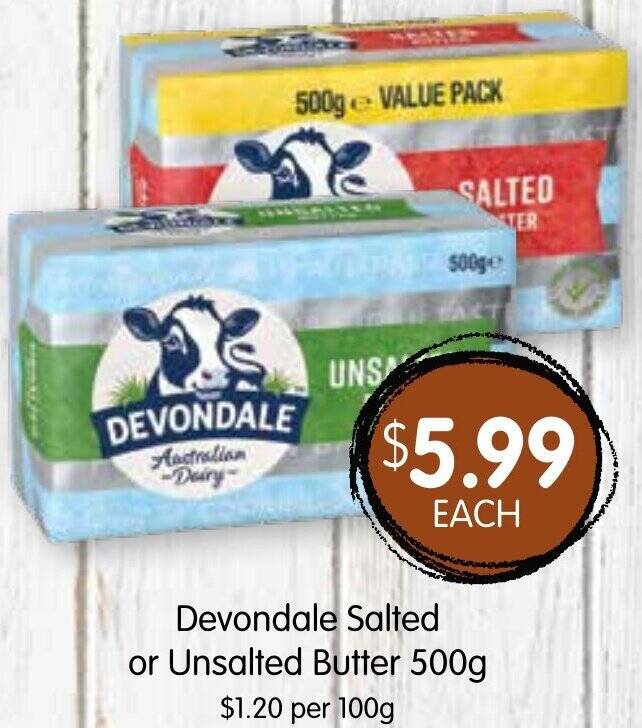 Devondale Salted or Unsalted Butter 500g offer at Spudshed