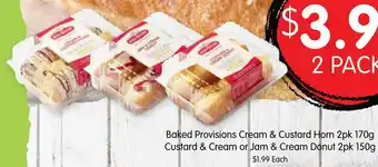 Spudshed Baked Provisions Cream & Custard Horn 2pk 170g Custard & Cream or Jam & Cream Donut 2pk 150g offer