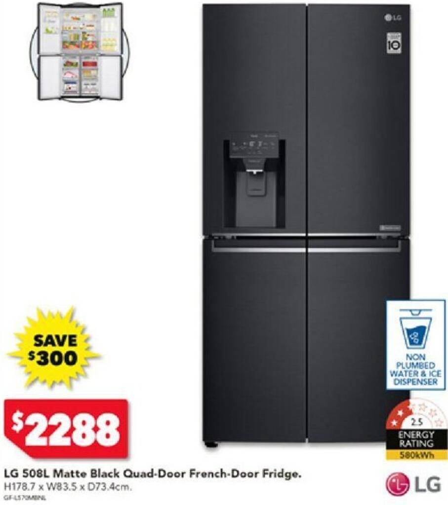 LG 508L Matte Black QuadDoor FrenchDoor Fridge offer at Harvey Norman