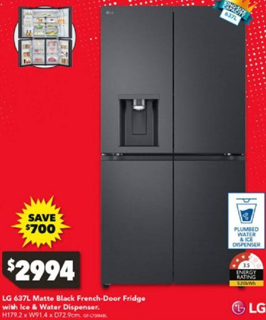 LG 637L Matte Black FrenchDoor Fridge with Ice & Water Dispenser offer at Harvey Norman
