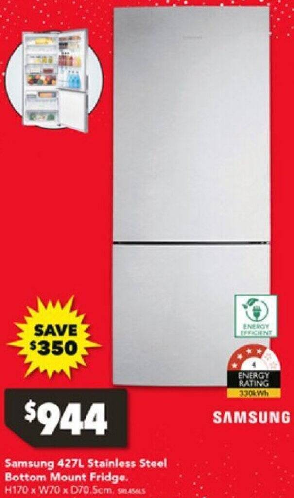 Samsung 427L Stainless Steel Bottom Mount Fridge offer at Harvey Norman