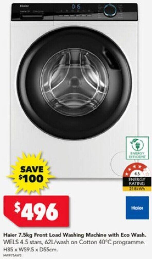 Haier 7.5kg Front Load Washing Machine with Eco Wash offer at Harvey Norman