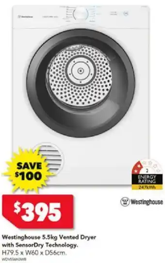 Harvey Norman Westinghouse 5.5kg Vented Dryer with SensorDry Technology offer