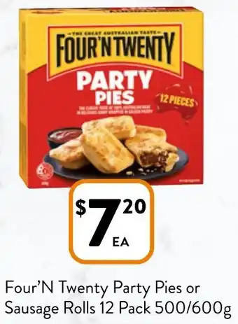 Foodworks Four'N Twenty Party Pies or Sausage Rolls 12 Pack 500/600g offer