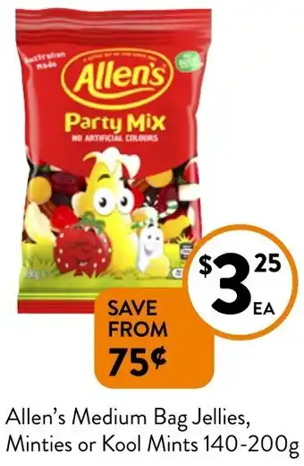 Foodworks Allen's Medium Bag Jellies, Minties or Kool Mints 140-200g offer