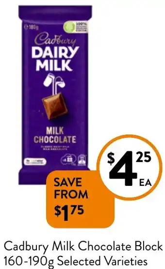 Foodworks Cadbury Milk Chocolate Block 160-190g offer