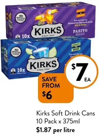 Foodworks Kirks Soft Drink Cans 10 Pack x 375ml offer