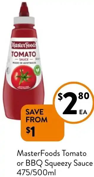 Foodworks MasterFoods Tomato or BBQ Squeezy Sauce 475/500ml offer