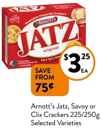 Foodworks Arnott's Jatz, Savoy or Clix Crackers 225/250g offer