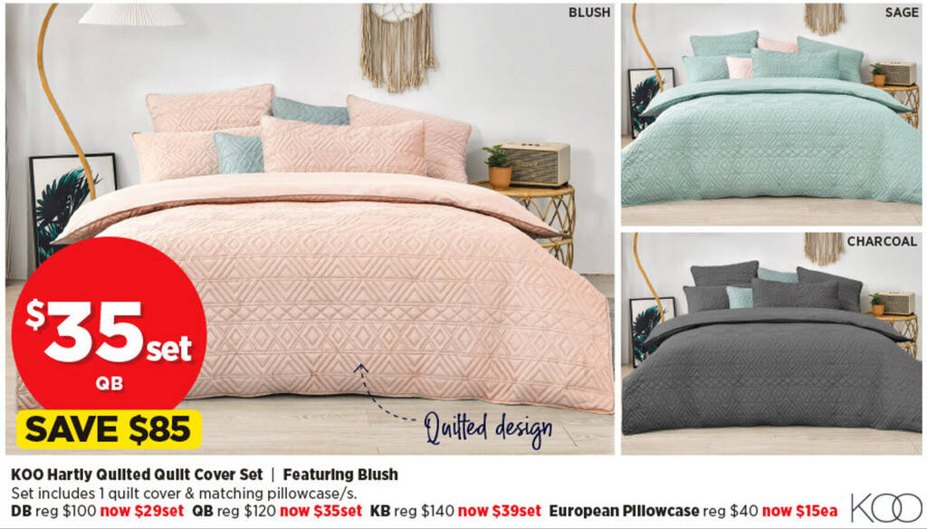 KOO Hartly Quilted Quilt Cover Set Featuring Blush offer at Spotlight