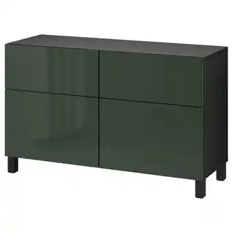 Bestå storage combination w doors/drawers, black-brown selsviken/stubbarp/high-gloss dark olive-green, 120x42x74 cm