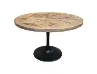 LivingStyles Mason Reclaimed Elm Timber & Iron Round Dining Table, Parquetry Top, 120cm offer