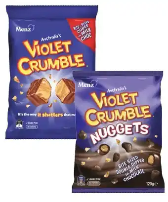 Coles Violet crumble choc honeycomb 120g-150g or menz choc coated 130g offer
