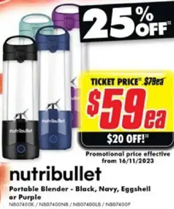 The Good Guys Portable Blender - Black, Navy, Eggshell or Purple offer