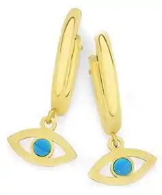 9ct gold 1.5x10mm enamel evil eye drop hoop earrings
