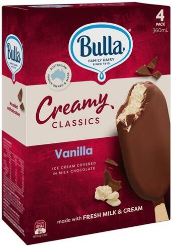 IGA Bulla creamy classics ice cream 4 pack selected varieties offer