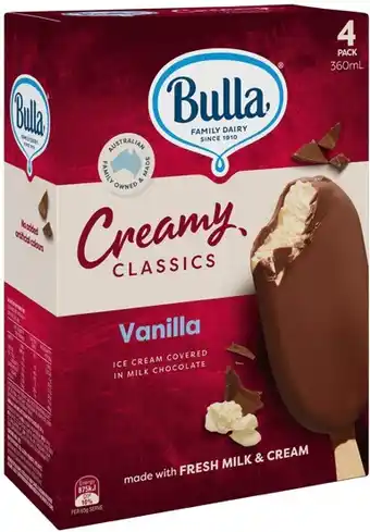 IGA Bulla creamy classics ice cream 4 pack selected varieties offer