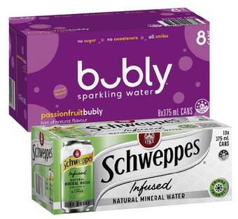 Coles Bubly sparkling water 8x375ml or schweppes sparkling water 10x375ml offer