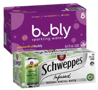 Bubly sparkling water 8x375ml or schweppes sparkling water 10x375ml