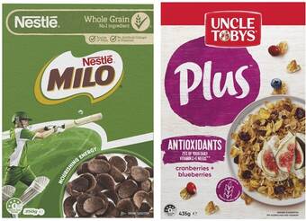 Coles Nestlé milo cereal 350g or uncle tobys plus cereal 410g-435g offer