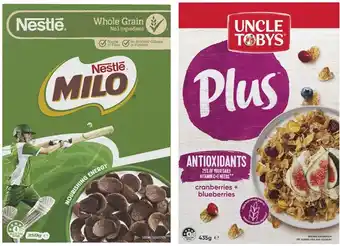 Coles Nestlé milo cereal 350g or uncle tobys plus cereal 410g-435g offer