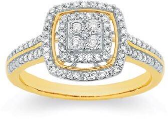 Angus & Coote 9ct gold diamond cushion halo cluster ring offer